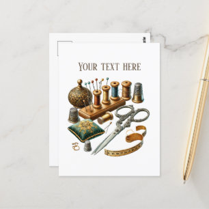 Cute sewing lovers add text postcard