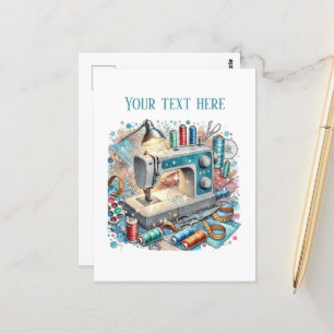 Cute sewing lovers add text postcard