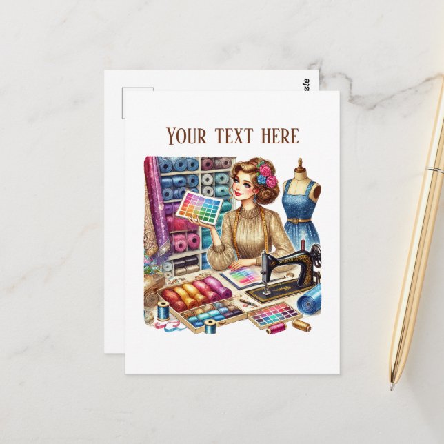 Cute sewing lovers add text  postcard (Front/Back In Situ)