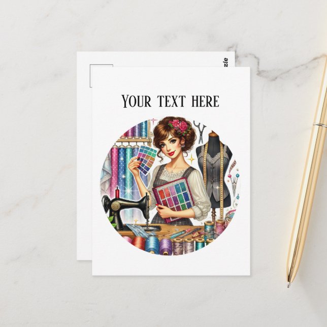 Cute sewing lovers add text  postcard (Front/Back In Situ)