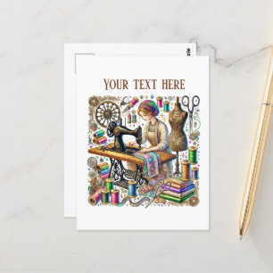 Cute sewing lovers add text  postcard