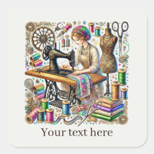 Cute sewing lovers add text square sticker