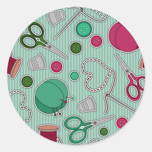 Cute Sewing Pattern Green and Purple Classic Round Sticker (Front)