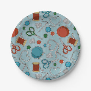 Cute Sewing Themed Pattern Blue Paper Plate