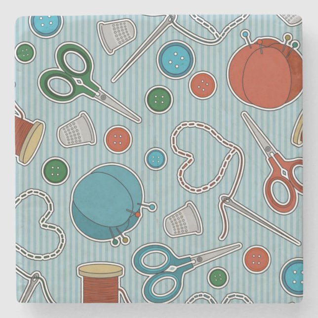 Cute Sewing Themed Pattern Blue Stone Coaster (Front)