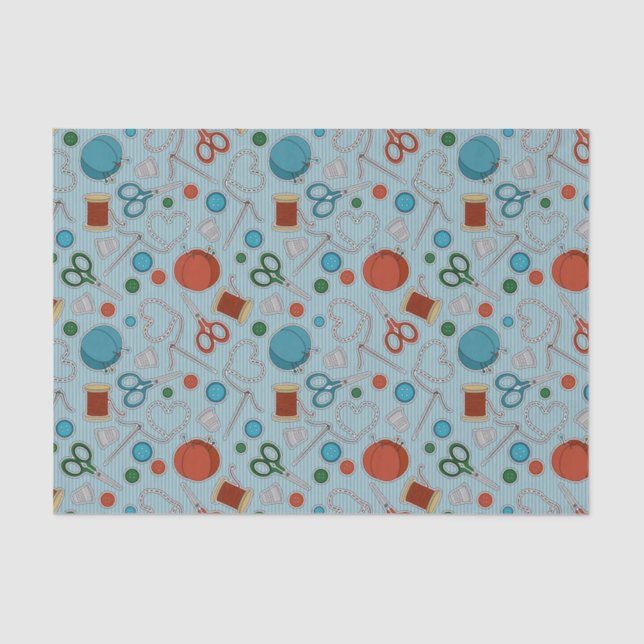 Cute Sewing Themed Pattern Blue Tissue Paper (Front)