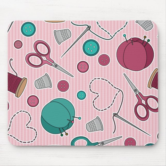Cute Sewing Themed Pattern Pink Mouse Pad (Front)