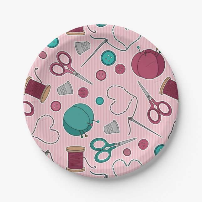 Cute Sewing Themed Pattern Pink Paper Plate (Front)