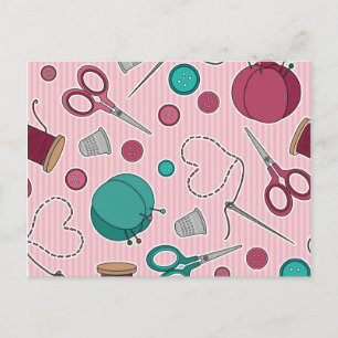 Cute Sewing Themed Pattern Pink Postcard