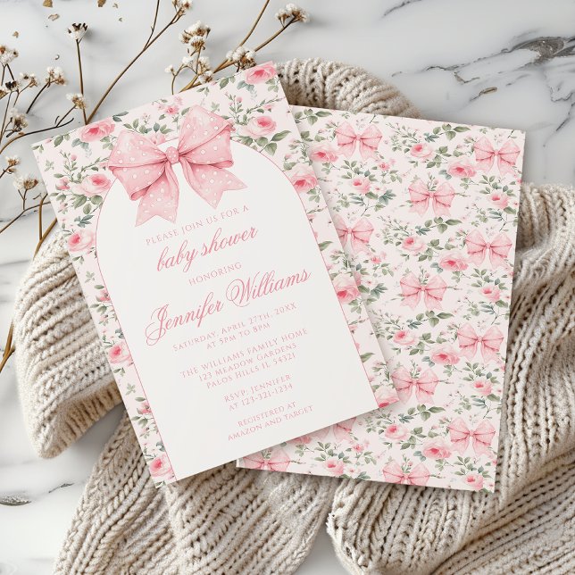 Cute shabby chic pink bow baby girl shower invitation (Creator Uploaded)