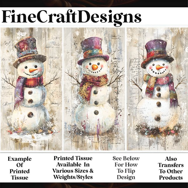 Cute Shabby Chic Snowmen Burgundy AL6 Decoupage Tissue Paper (Creator Uploaded)