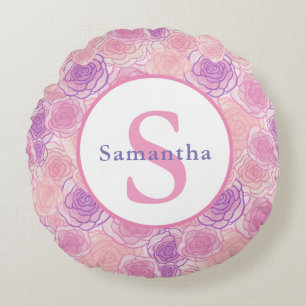 Cute Shabby Pink Roses Personalised Monogram Round Cushion