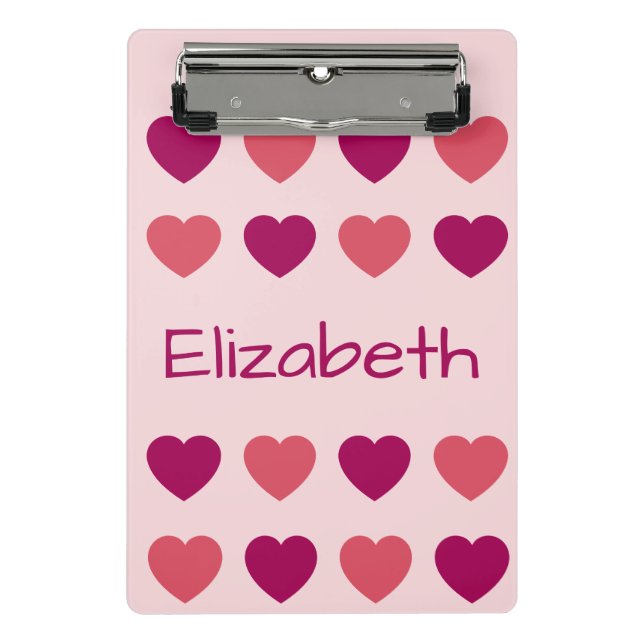 Cute Shades of Pink Hearts Pattern Name Mini Clipboard (Front)