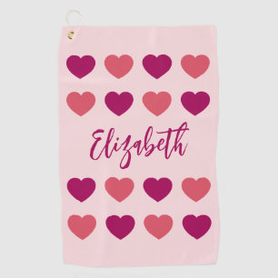 Cute Shades of Pink Hearts Script Cursive Name Golf Towel