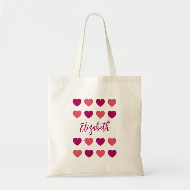 Cute Shades of Pink Hearts Script Cursive Name Tote Bag (Front)