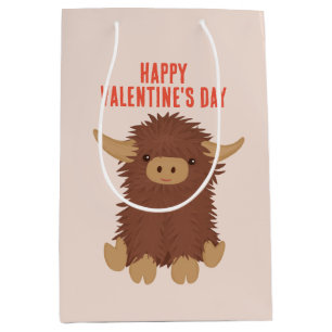 Cute, shaggy Highland cow classroom Valentine Medium Gift Bag