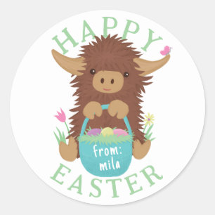 Cute, shaggy Highland cow Easter basket design Classic Round Sticker