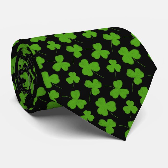 Cute Shamrock Pattern Black Neck Tie (Rolled)