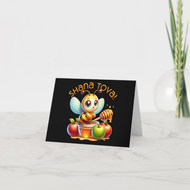 Cute Shana Tova Honey Bee with Apples Holiday Card (Front)