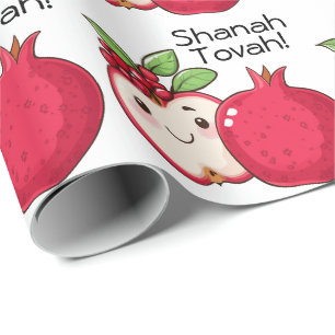 Cute Shana Tova with apple and pomegranate Wrapping Paper