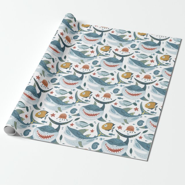 Cute Shark 1st 2nd 3rd Birthday Party Gift Favour Wrapping Paper (Unrolled)