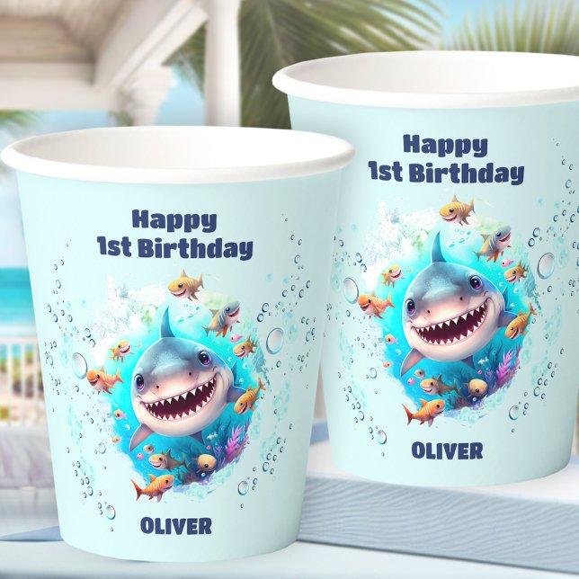 Cute Shark 1st Birthday Boy  Paper Cups (Cute Shark 1st Birthday Boy Paper Cups)