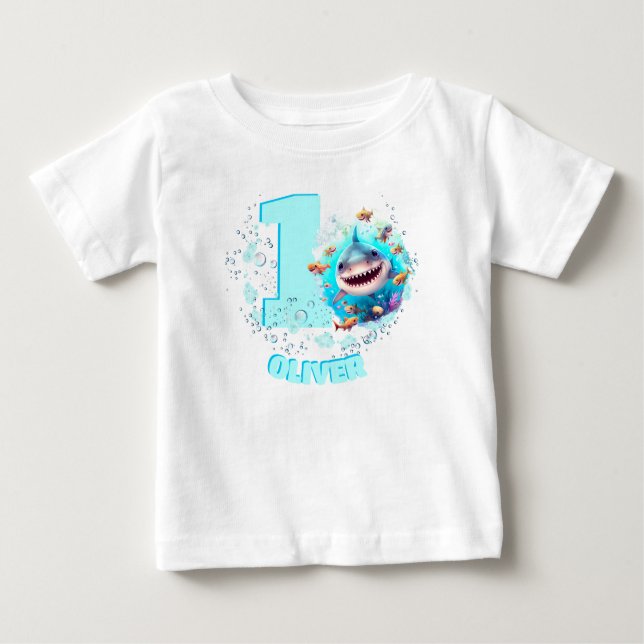 Cute Shark 1st Birthday Personalised Boy Baby T-Shirt (Front)