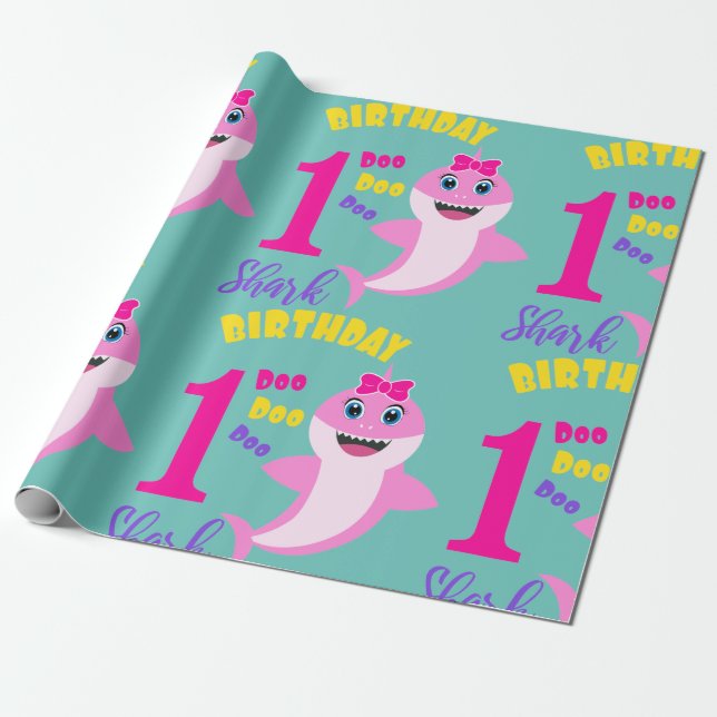 Cute Shark 1st Birthday Wrapping Paper (Unrolled)