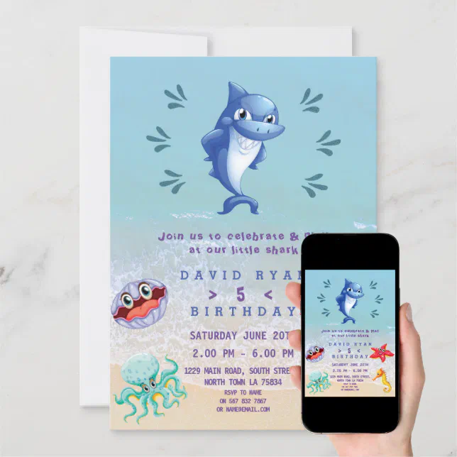 Cute Shark And Friends Boy Pool Birthday Party Invitation Zazzle 6082