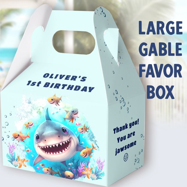 Cute Shark Baby Boy 1st Birthday Large Gable Favour Box (Shark Light Blue Large Gable Favor Boxes - You can choose from 3 sizes of these gable favor boxes)