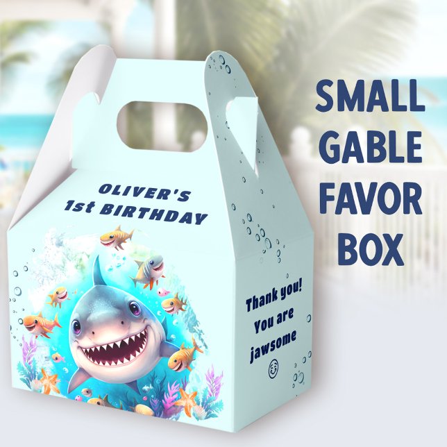 Cute Shark Baby Boy 1st Birthday Party Favour Box (Shark Light Blue Small Gable Favor Boxes - You can choose from 3 sizes of these gable favor boxes)