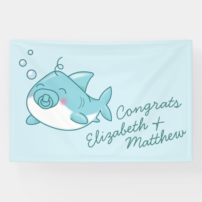 Cute Shark Baby Shower Kawaii Blue Boy Banner (Horizontal)