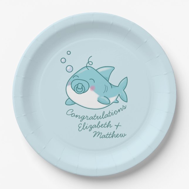 Cute Shark Baby Shower Kawaii Blue Boy Paper Plate (Front)
