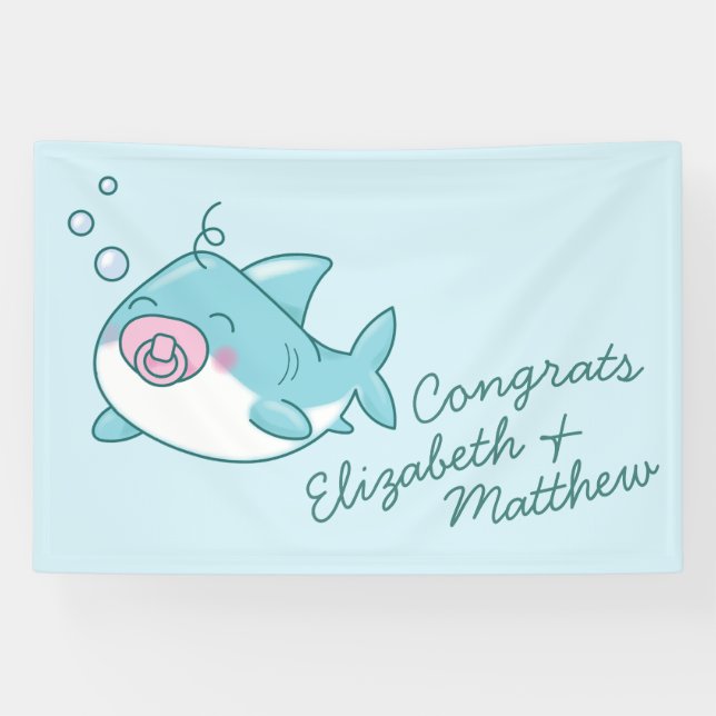 Cute Shark Baby Shower Kawaii Pink Girl Banner (Horizontal)