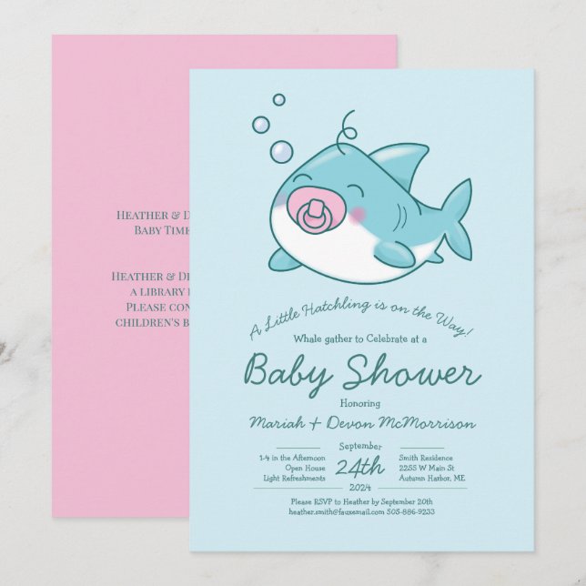 Cute Shark Baby Shower Kawaii Pink Girl Invitation (Front/Back)