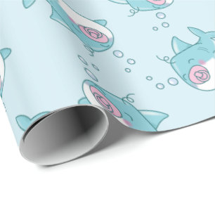 Cute Shark Baby Shower Kawaii Pink Girl Wrapping Paper