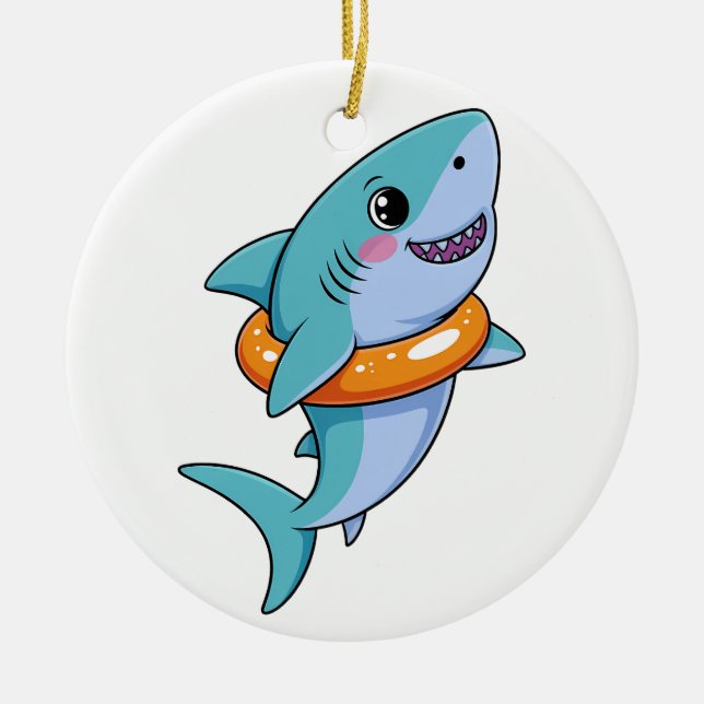 Cute Shark Baby With Float | Kids Ceramic Ornament (Front)