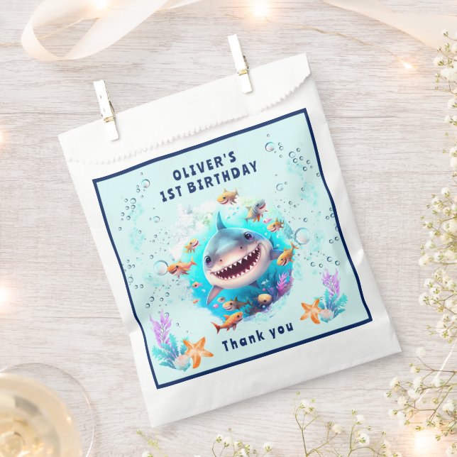 Cute Shark Boy 1st Birthday Blue Party Favour Bags (Clipped)