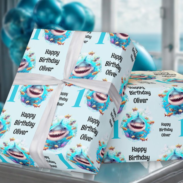 Cute Shark Boy 1st Birthday Name Wrapping Paper (Cute Shark Boy 1st Birthday Name Wrapping Paper)