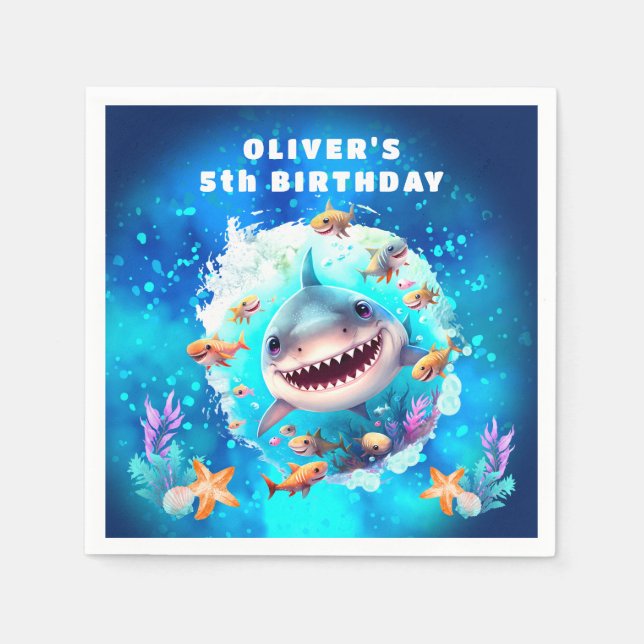 Cute Shark Boy Birthday Blue Party Paper Napkins (Front)