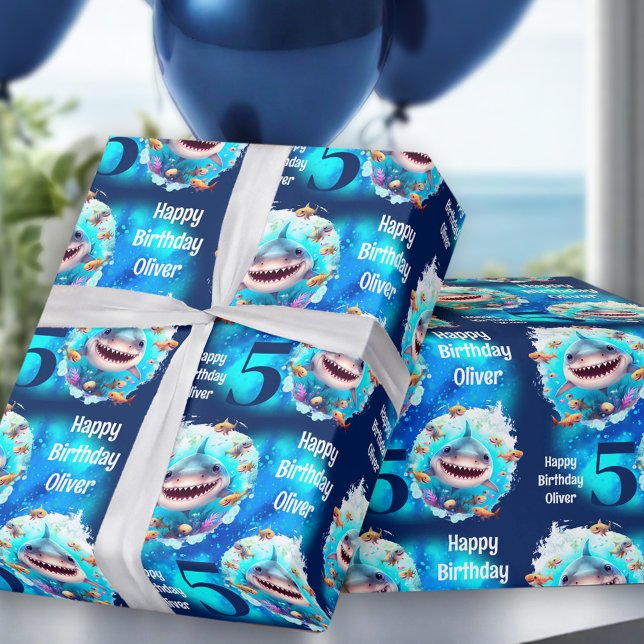 Cute Shark Boy Birthday Name Text Wrapping Paper (Cute Shark Boy Birthday Text Wrapping Paper)