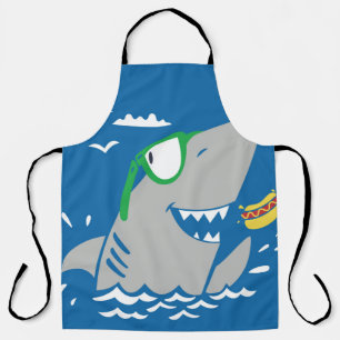Cute shark cartoon vintage eating a hot dog on blu apron