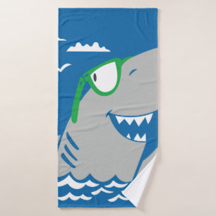 Cute shark cartoon vintage eating a hot dog on blu bath towel
