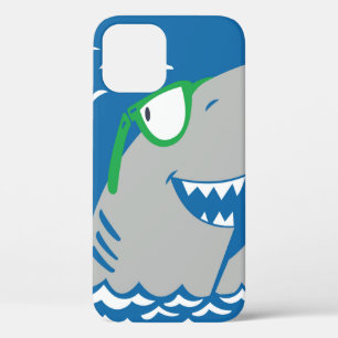 Cute shark cartoon vintage eating a hot dog on blu iPhone 12 case