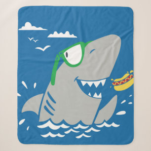 Cute shark cartoon vintage eating a hot dog on blu sherpa blanket