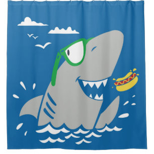 Cute shark cartoon vintage eating a hot dog on blu shower curtain