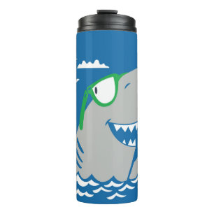Cute shark cartoon vintage eating a hot dog on blu thermal tumbler