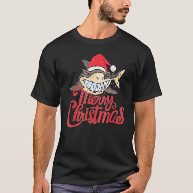 Cute Shark Cheeky In The Ocean At Christmas Merry  T-Shirt (Front)