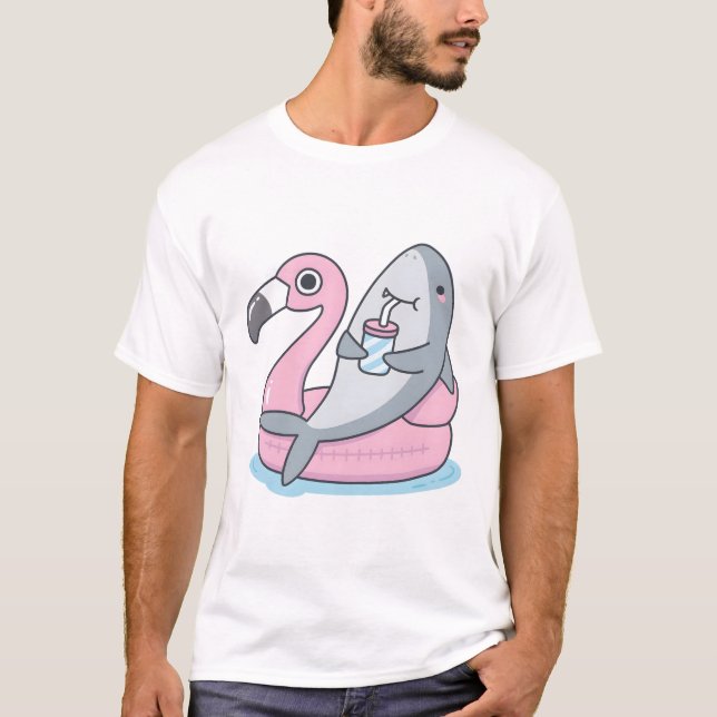 Cute Shark Chillin On Flamingo Pool Float T-Shirt (Front)