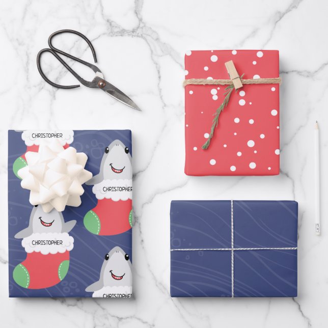 Cute Shark Christmas Stocking Wrapping Paper Sheet (Front)